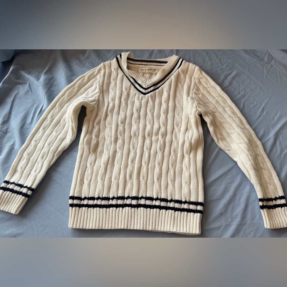 Boy’s V-Neck Cable Knit Sweater White with Black Accents